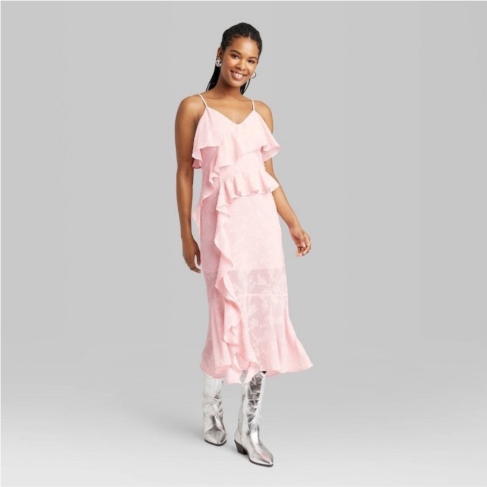Pink Ruffled Formal Midi Dress